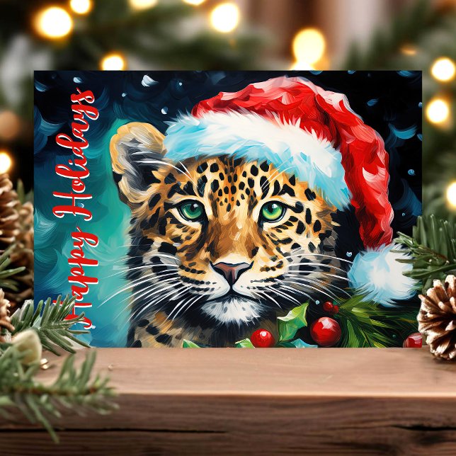 Vild Jul Önskemål Santa Hat Cheetah Cat Helgkort (Skapare uppladdad)