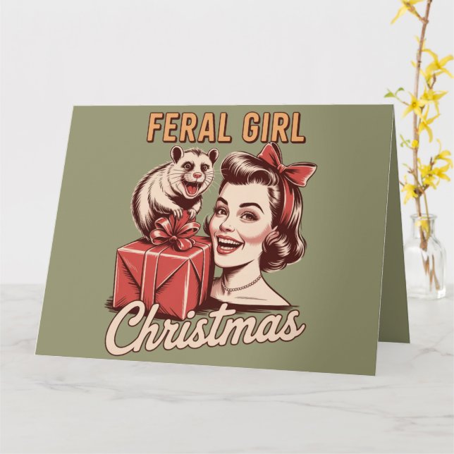Vild Julflicka Opossum Xmas Skräp Retro Kort (Gul blomma)