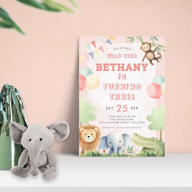 Vild Jungle 3:e födelsedag Party Rosa Inbjudningar (Skapare uppladdad)