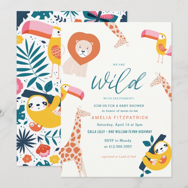Vild Jungle Animal Baby Shower | Vit Inbjudningar (Fram/baksida)