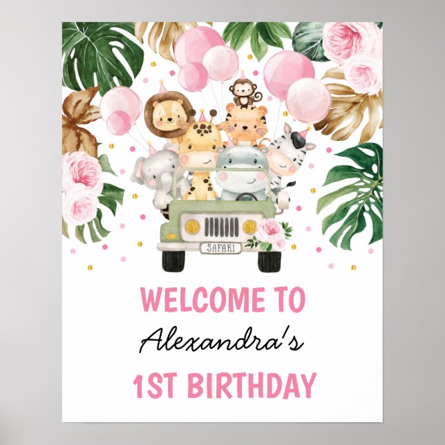 Vild Jungle Animals Rosa Blommigt Birthday Välkomm Poster (Framsidan)