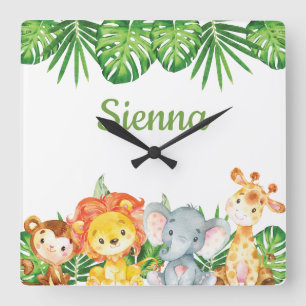 Vild Jungle Animals Safari Kids Girl Nursery Décor Fyrkantig Klocka