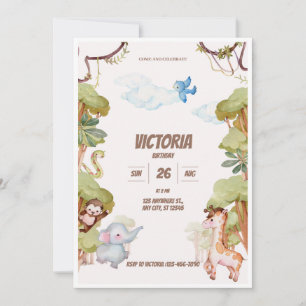 Vild Jungle Äventyr Grönt Watercolor Birthday Inbjudningar