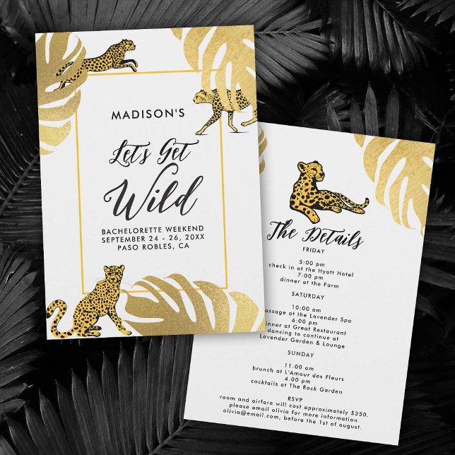 Vild Jungle Cheetah Guld Bachelorette Itinerary Inbjudningar (lets get wild safari jungle bachelorette itinerary invitation cheetah frame gold leaf elegant modern)