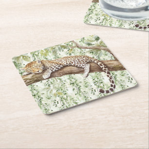 Vild Jungle Grönt Ivy Leopard Birthday Underlägg Papper Kvadrat