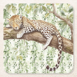 Vild Jungle Grönt Ivy Leopard Birthday Underlägg Papper Kvadrat