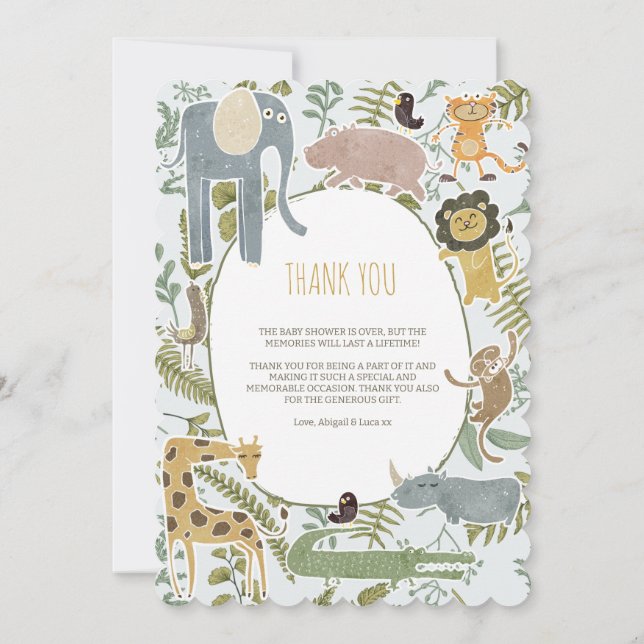 Vild Jungle Safari Animals Botaniskt babyskor Tack Kort (Baksida)