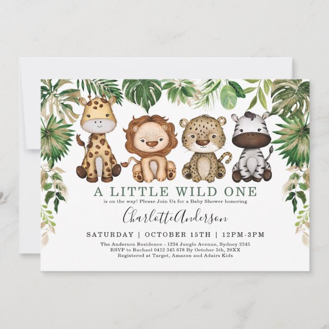 Vild Jungle Safari Animals Greenery Baby Shower Inbjudningar (Framsida)