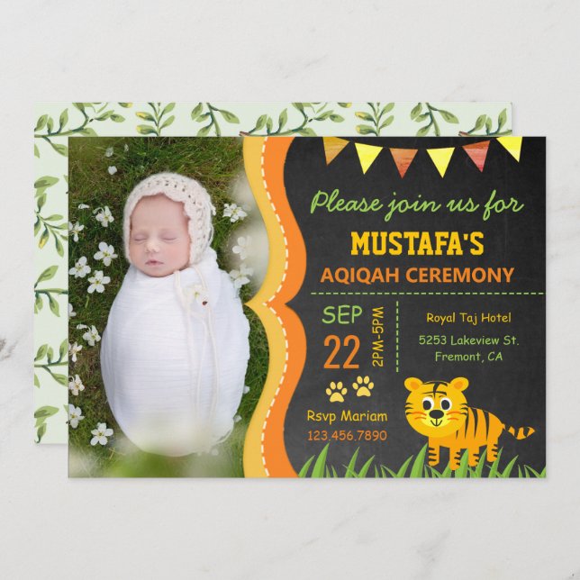 Vild Jungle Safari Baby Tiger Aqiqah Photo Inbjudningar (Fram/baksida)