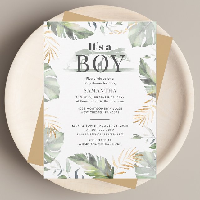 Vild Jungle Safari Botanical Boy Shower Inbjudningar (Its A Boy Jungle Baby Shower Invitation)