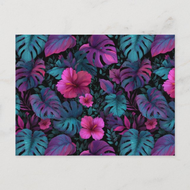 "Vild Jungle" Sömlöst Mönster med Neon Hibiscus Vykort (Framsida)