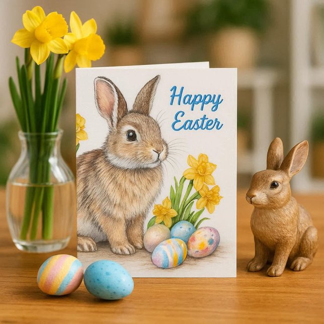 Vild Kanin med Narcisser Påskfirande  Kort (Share this charming Easter card featuring a delightful wild rabbit design with friends and family)
