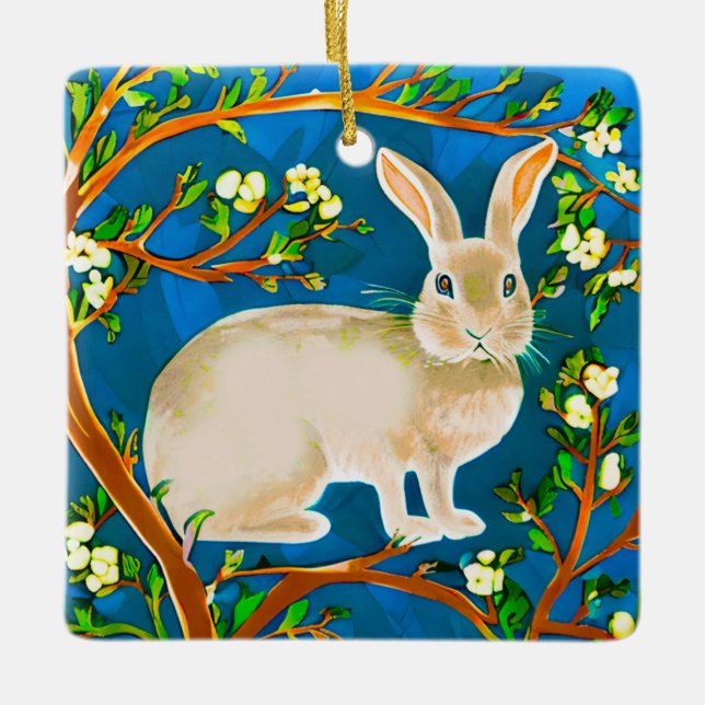 Vild Kanin och Blommande Grenar Julgransprydnad Keramik (Framsida)