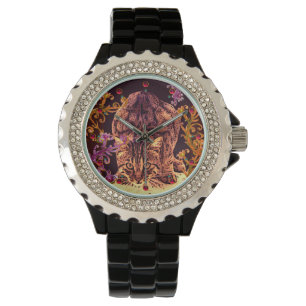 VILD KATT KITTEN Gult Red Rosa Blommigt Swirls Armbandsur