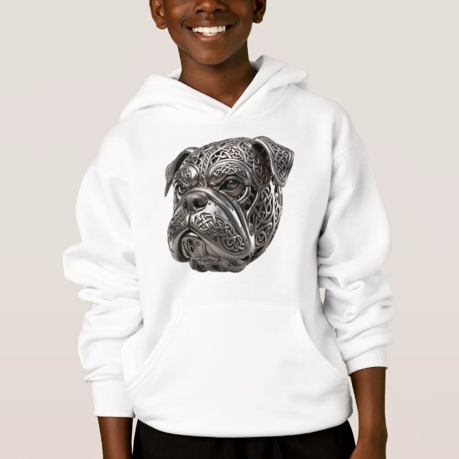 Vild Keltisk Silver Bulldog  Krigarknut Totem T Shirt (Framsida)