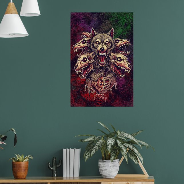 Vild konst med flerköpfig demonvarg poster (Vardagsrum 1)