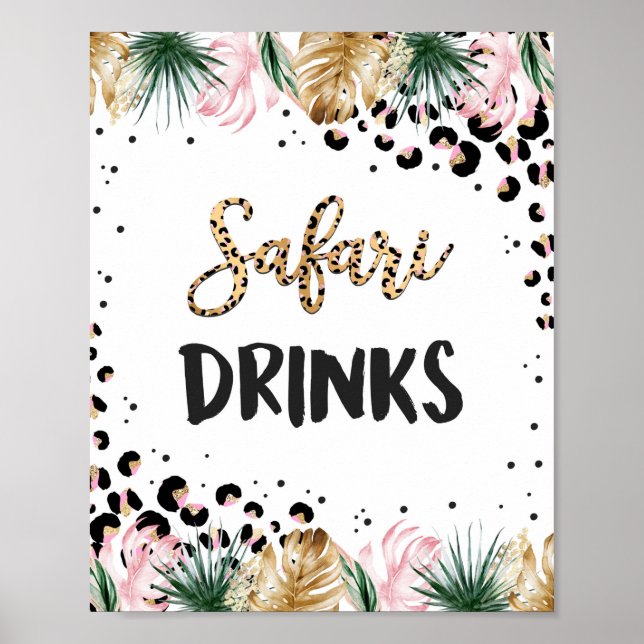 Vild Leopard Skriv ut Safari Drinks Birthday Sign Poster (Framsidan)