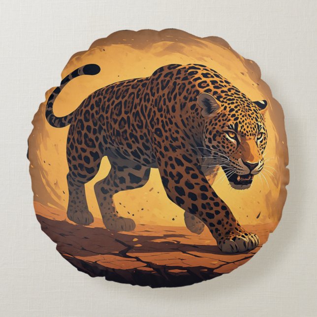 Vild leopard som strövar vid solnedgång rund kudde (Framsidan)