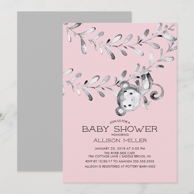 Vild Little Monkey Girls Baby Shower-inbjudan Inbjudningar (Fram/baksida)