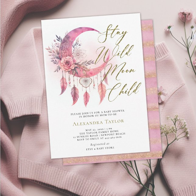 Vild Måne Child Boho Dreamcatcher Flicka Shower Inbjudningar (wild moon child baby girl shower invitation pink boho dreamcatcher gold glitter elegant bohemian)