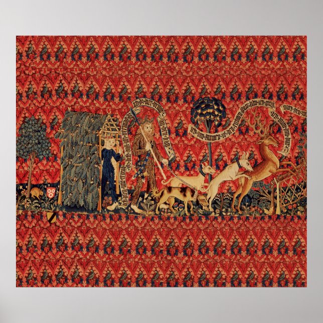 VILD MÄNNISKOR I HJORT HUNT, Animaler, Röd Blommig Poster (Framsidan)