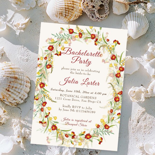 Vild Marigold Flowers Foliage Bachelorette Party Inbjudningar (Skapare uppladdad)