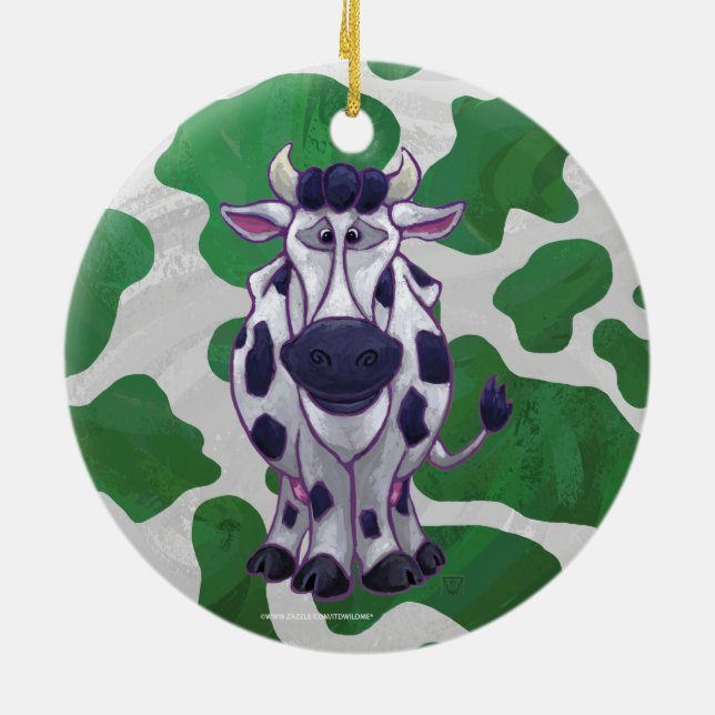 Vild Me Cow-Grönt och vit utskrift Julgransprydnad Keramik (Baksidan)