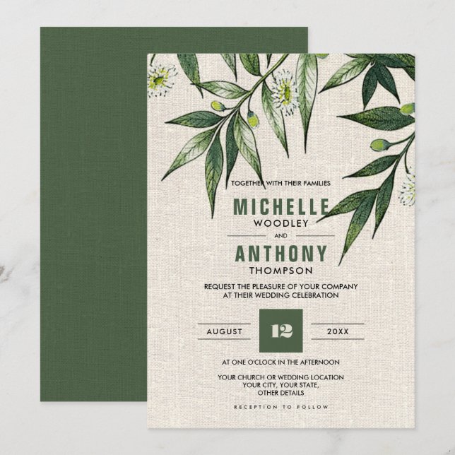 Vild Meadow | Grey Botanique Burlap Bröllop Inbjudningar (Fram/baksida)