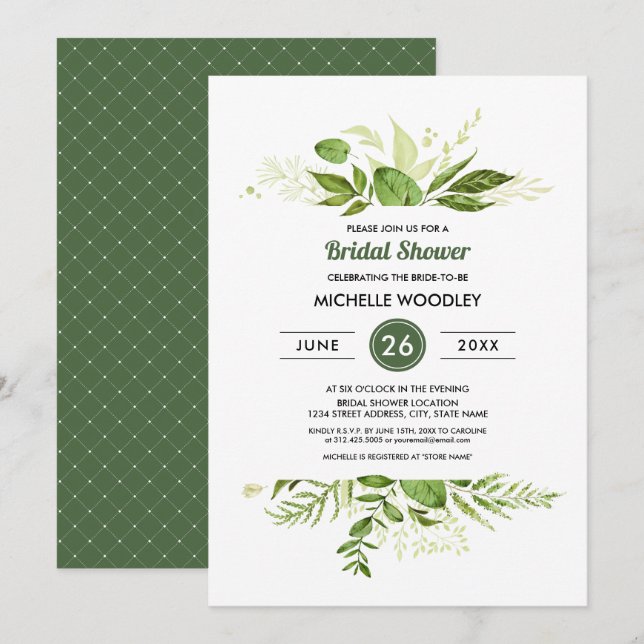 Vild Meadow | Grönt Botanisk Möhippa Inbjudningar (Fram/baksida)