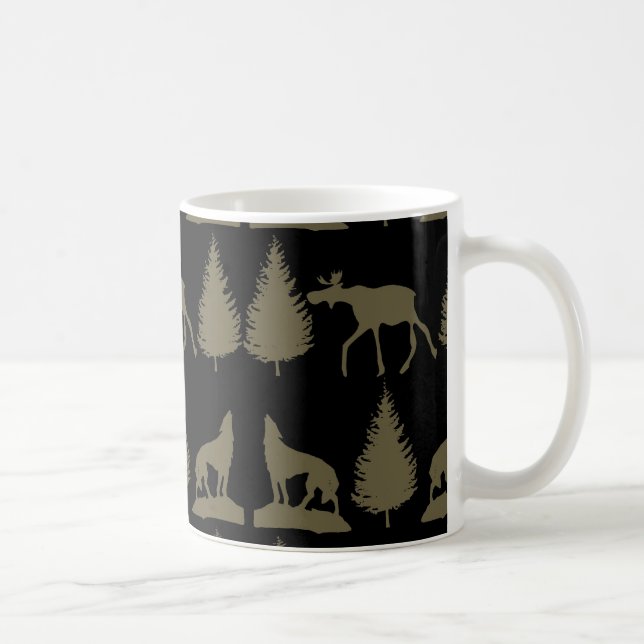 Vild Moose Vargar Gräs Träd Rustic Tan Black Kaffemugg (Höger)
