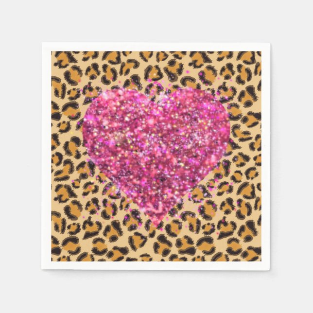 Vild mousserande rosa Hearts och leopard print Pappersservett (Framsidan)