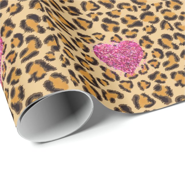 Vild mousserande rosa Hearts och leopard print Presentpapper (Rullad Hörn)