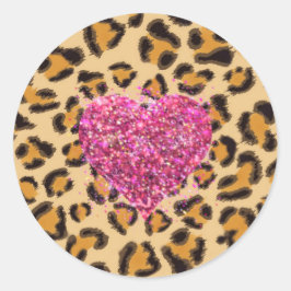 Vild mousserande rosa Hearts och leopard print Runt Klistermärke