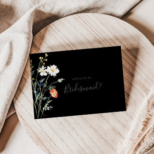 Vild Multifärgad Blommigt Black Bridesmaid Frieri Anteckningskort