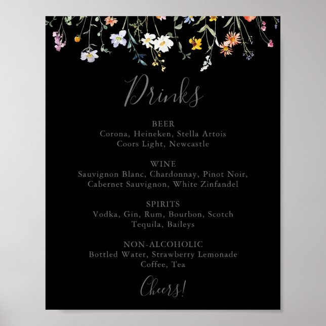 Vild Multifärgad Blommigt Black Bröllop Drinks Men Poster (Framsidan)