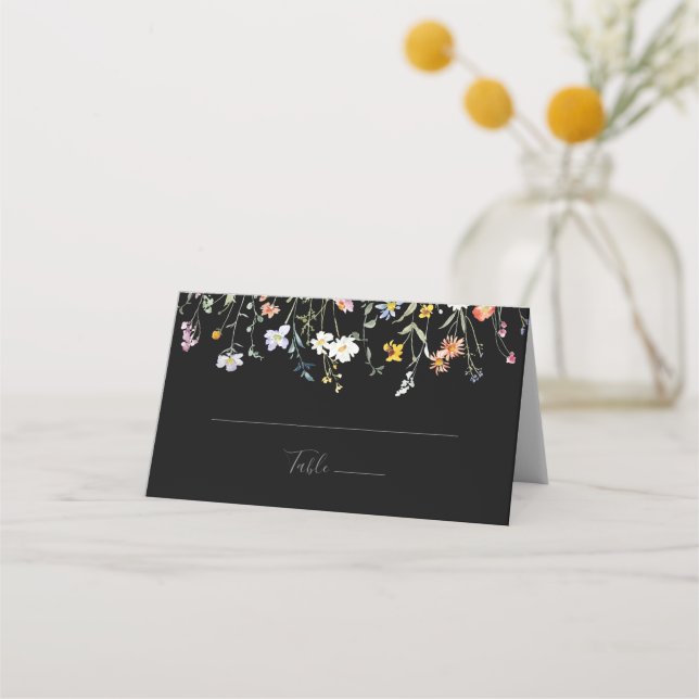 Vild Multifärgad Blommigt Black Bröllop Place Card Placeringskort (Framsida)