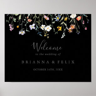 Vild Multifärgad Blommigt Black Bröllop Välkomstsk Poster