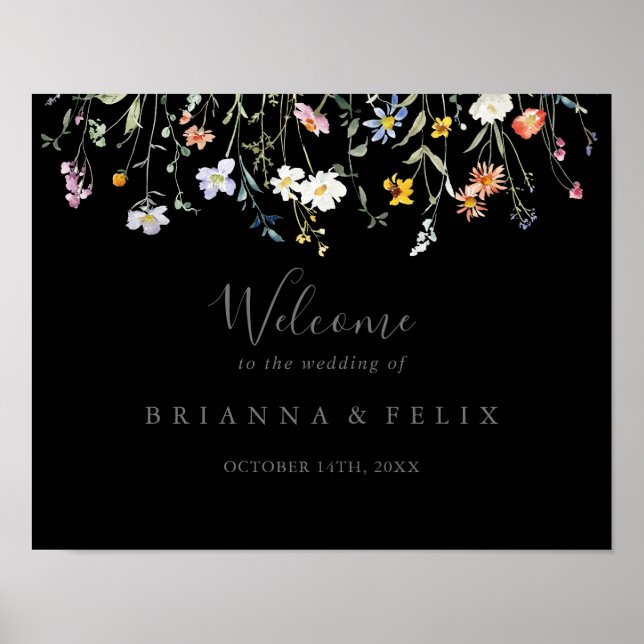 Vild Multifärgad Blommigt Black Bröllop Välkomstsk Poster (Framsidan)