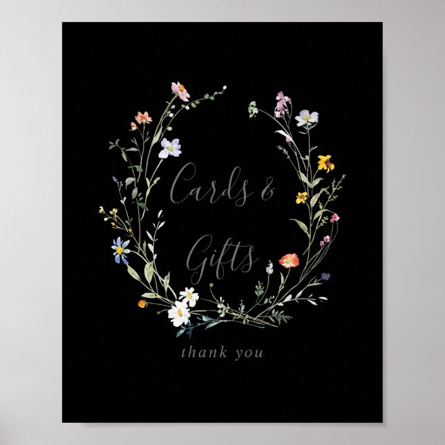 Vild Multifärgad Blommigt Black Cards och Gbit Sig Poster (Framsidan)