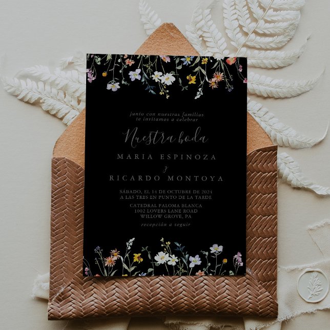 Vild Multifärgad Blommigt Black Nuestra Boda Bröll Inbjudningar (Skapare uppladdad)