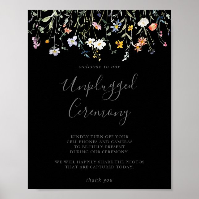 Vild Multifärgad Blommigt Black Unplugged Ceremony Poster (Framsidan)