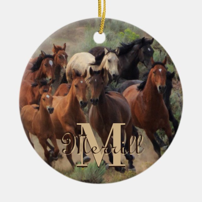 Vild Mustang Horses Monogram Julgransprydnad Keramik (Framsidan)