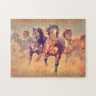 Vild Mustang Horses Stampede Watercolor Art Pussel