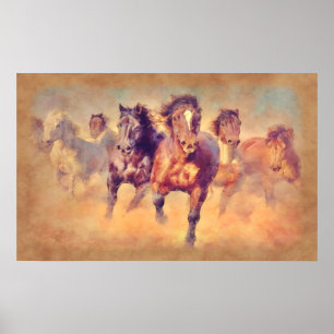 Vild Mustang Horses Stampede Watercolor Poster