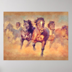 Vild Mustang Horses Stampede Watercolor Poster