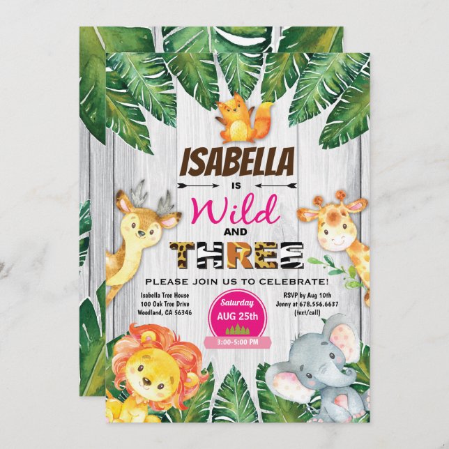 Vild och 3-årsinbjudan till safari inbjudningar (Fram/baksida)
