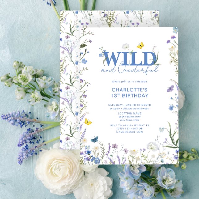 Vild och anbud 1:a födelsedag Blå vildblomma Inbjudningar (1st Birthday Invitation)