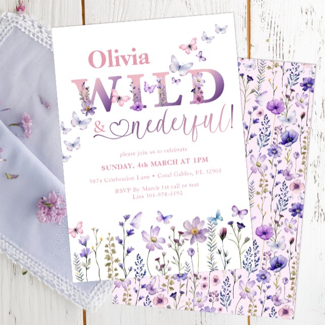 Vild och anbudsinfordran av vildblomsfjäril 1:a fö inbjudningar (Wild Onederful 1st Birthday Invitation)