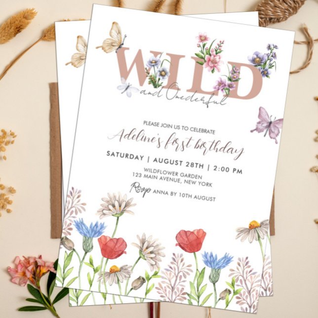 Vild och anbudsinfordran Wildblomma 1:a födelsedag Inbjudningar (Wildflowers Wild and Onederful Birthday Girl Invitation Template)