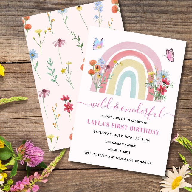 Vild och anbudsinfordran Wildblomsterregnbåge 1:a  Inbjudningar (Elegant rainbow wildflower 1st birthday invite with butterflies for baby girl, editable text.)
